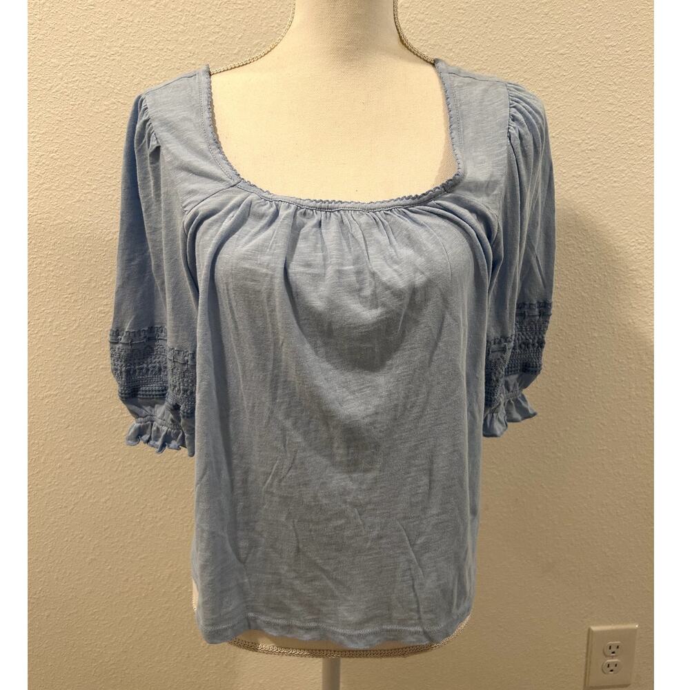 Lucky Brand Womens Sz Large Blouse Top Blue Square Neck 100% Cotton Short Sleeve